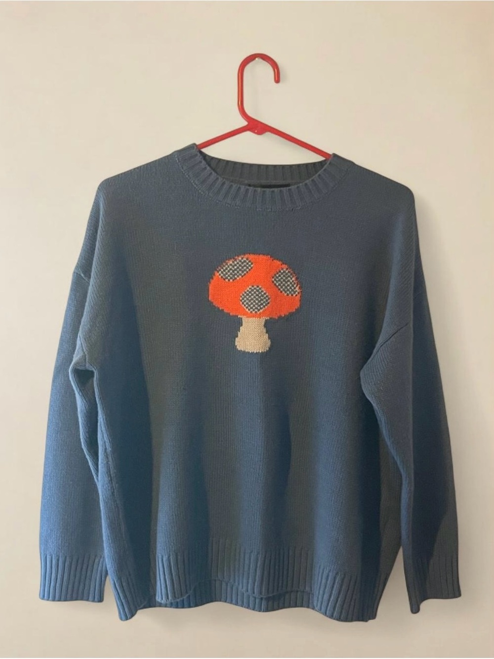 Shein Blue Knit Sweater with Orange Mushroom Motif